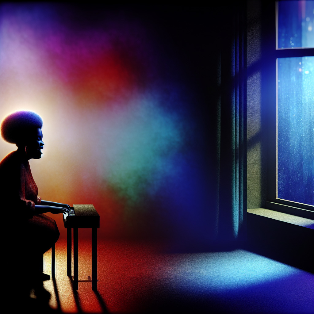 An image of a solitary figure in a dimly lit room, her silhouette framed against the soft glow of a single spotlight. She is sat at a piano, fingers gently caressing the keys as she pours her soul into a resonating ballad. The room around her is filled with the echoes of her heartfelt song, the air charged with raw emotion and the power of unwavering commitment. The world outside the window behind her is shrouded in the quiet of the night, symbolizing the universal appeal and timeless nature of the song she performs - "To Make You Feel My Love".