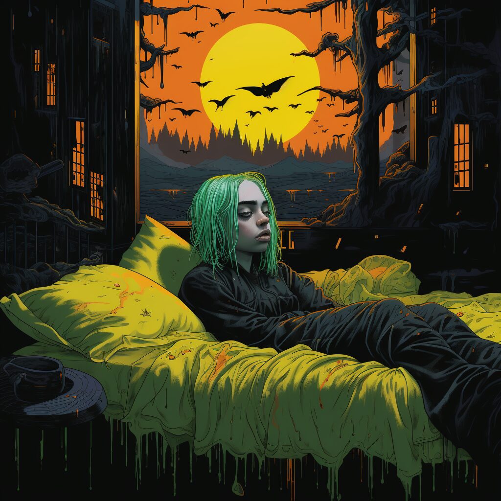 Envision an artwork that captures the eerie and ethereal essence of "When We All Fall Asleep, Where Do We Go?" by Billie Eilish. The piece should reflect the album