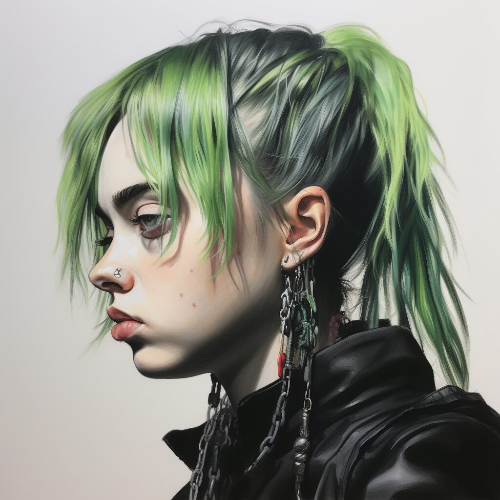 Visualize a charcoal drawing of Billie Eilish that captures her distinct, introspective aura. The portrait should reflect Billie