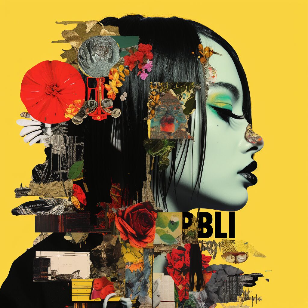 Visualize a collage that captures the essence and cultural impact of "Bad Guy" by Billie Eilish. The artwork should incorporate elements from the music video, lyrical themes, and Billie