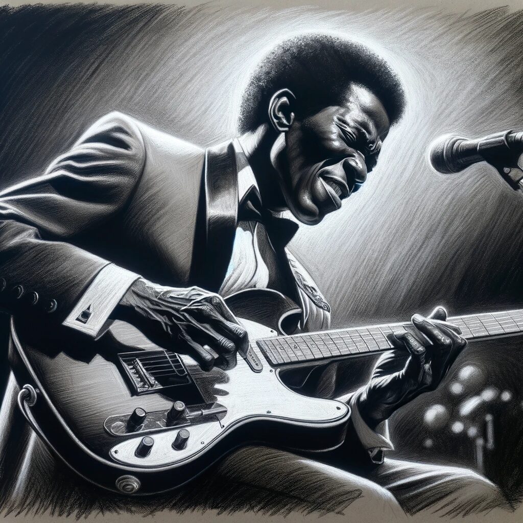 Create a charcoal stylistic drawing of Buddy Guy playing the guitar on stage, capturing his dynamic performance style and the emotion of the blues. The drawing should show Buddy Guy immersed in his performance, with a focus on his expressive face and hands as he plays the guitar. The background should be suggestive of a live music stage, with subtle hints of lighting and audience, but the main focus should remain on Buddy Guy and his guitar. The overall feel of the image should convey the intensity and passion of a live blues performance.