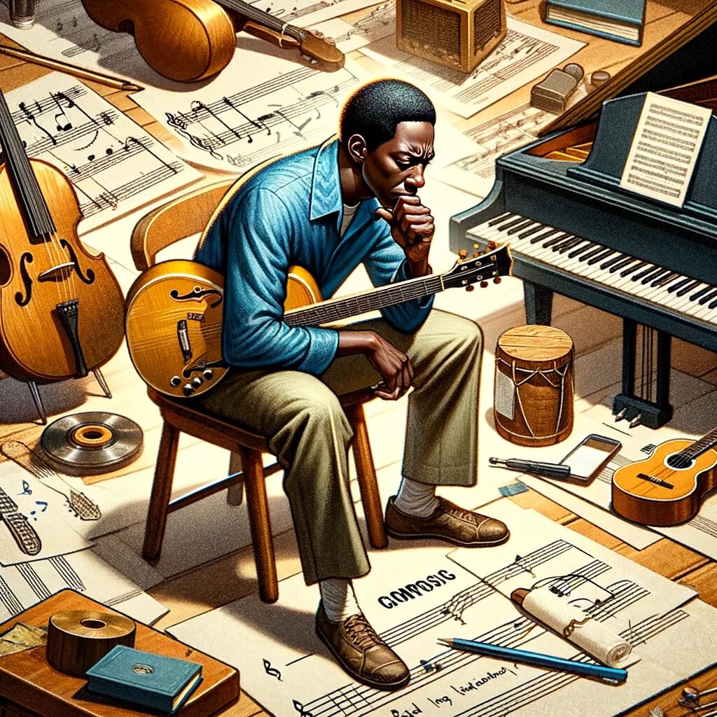 Illustrate an image of Buddy Guy in a contemplative pose, surrounded by musical instruments and composition sheets, highlighting his role as a composer. The image should depict Buddy Guy deep in thought, possibly with a guitar in hand, with elements around him like a piano, a notepad with musical notes, and other instruments. The setting should suggest a creative and intimate space, like a home studio, where the artist composes and experiments with music. The overall feel of the image should convey the artistic process of composing music, focusing on Buddy Guy