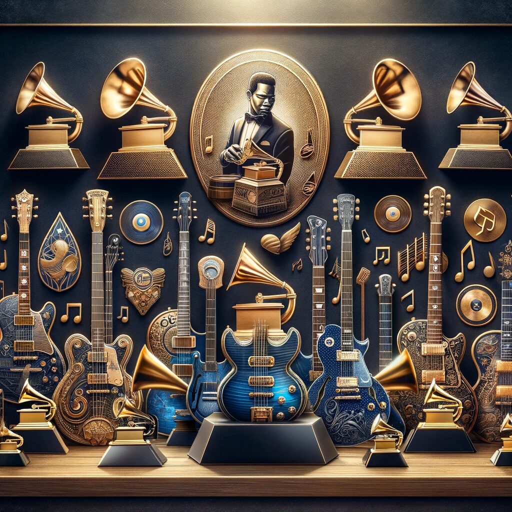 Design an image showcasing a collection of awards (like Grammy awards) and accolades in a dignified, celebratory style, symbolizing the recognition of Buddy Guy