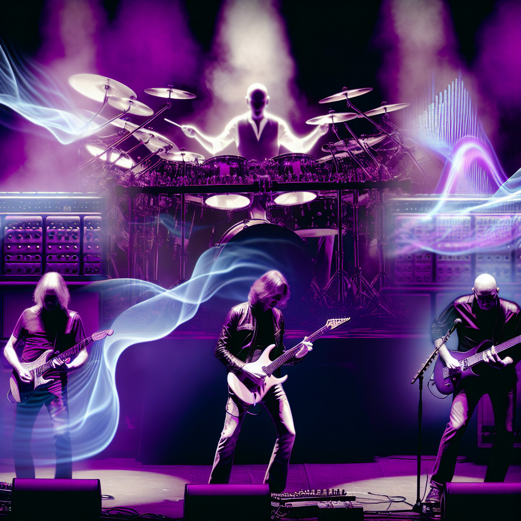 Imagine a dynamically charged scene staged on a concert platform that captures the essence of the iconic band, Deep Purple, during their pinnacle of success. The image centers on the three main contributors of the song "Child in Time", Ritchie Blackmore wielding his guitar with an electrifying energy, Jon Lord pouring his soul into the haunting keyboard, and Ian Paice deftly commanding the drums. An ominous melody seems to emit from Blackmore
