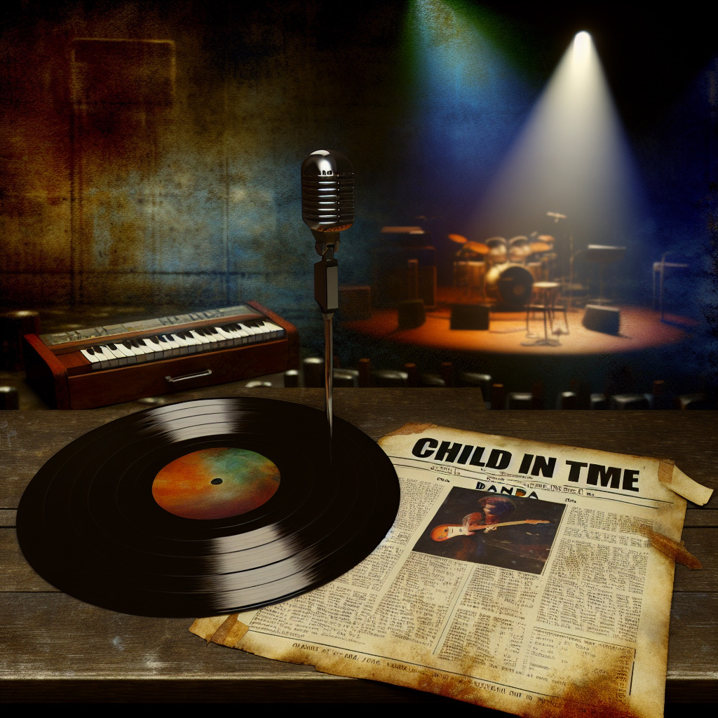 Generate an image that encapsulates the enduring legacy of the song "Child In Time" by Deep Purple. The image should reflect the haunting power of the track, perhaps by presenting a vintage vinyl record resting on a worn-out concert poster from the 1970s, with the band’s name and song title prominently visible. The atmosphere should be imbued with a sense of nostalgia, underlining the timeless appeal of the track. In the background, a dimly lit stage could hint at the band