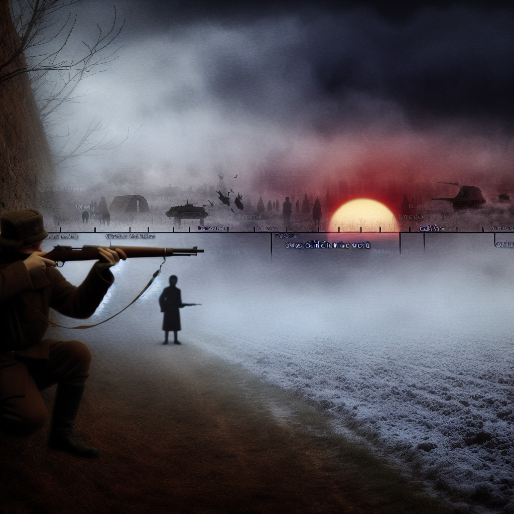 Image Prompt: 

Visualize a desolate Cold War-era battlefield, shrouded in heavy fog and dim, gloomy lighting. The foreground features a single man - a metaphorical representation of the lyric "blind man shooting at the world". He is blindfolded, aiming a rifle endlessly into the distance, symbolizing the senseless violence and directionless chaos of the period.

A ghostly, semi-transparent timeline cuts across the scene, illustrating the "line drawn between good and bad". Faint images of significant Cold War events and symbols are scattered along this timeline, evoking the era