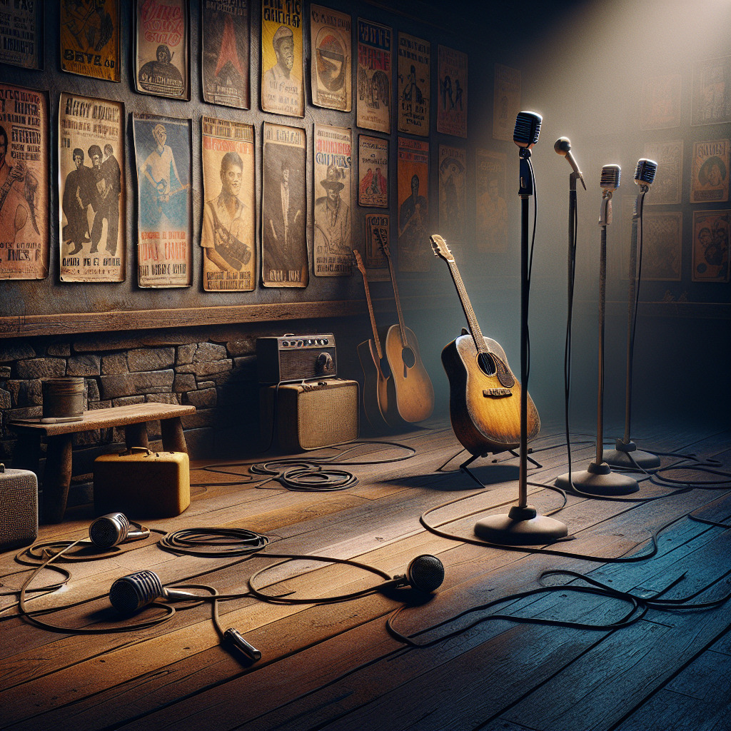 Picture the stage of a quiet, dimly lit music venue. The scene is set in the 1970s, with vintage posters of legendary rock bands plastered on the walls. In the center, there lies an old, well-loved guitar, its wood worn from years of music-making, symbolic of the intricate guitar work in "Soldier of Fortune". Around it, a collection of various microphones stand, a nod to the numerous artists who have put their spin on the song over the decades. There