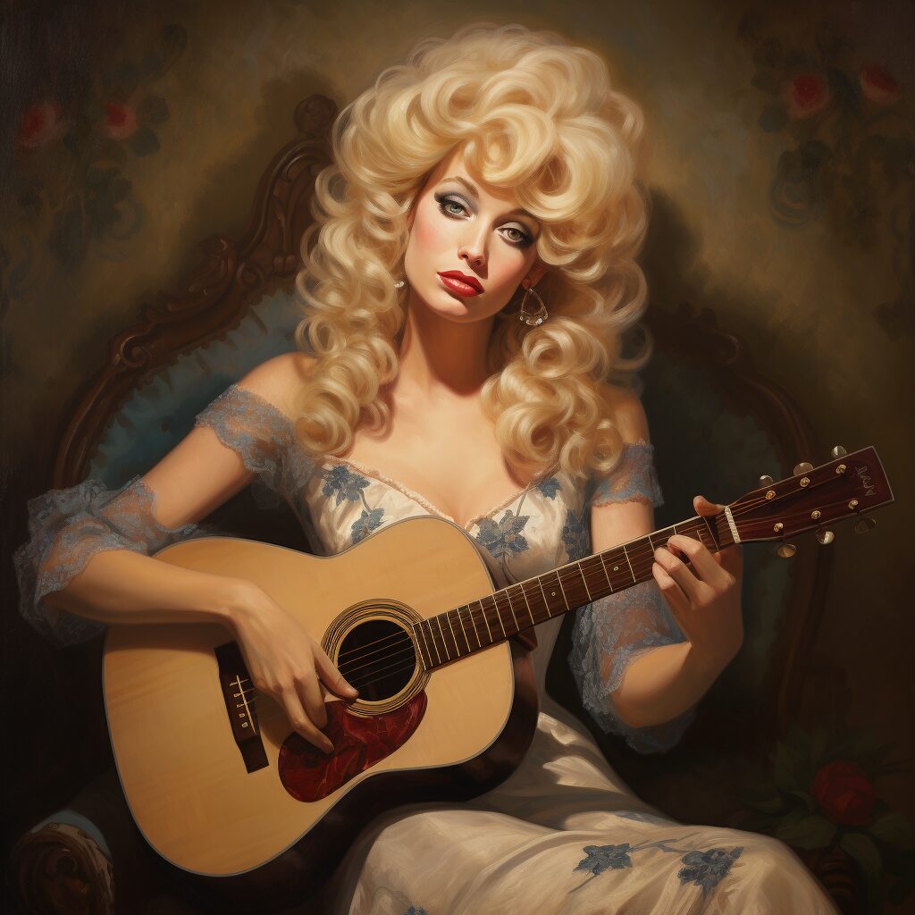 A vintage portrait of Dolly Parton with a guitar, evoking the era of the early 1970s, capturing her spirit and the essence of 