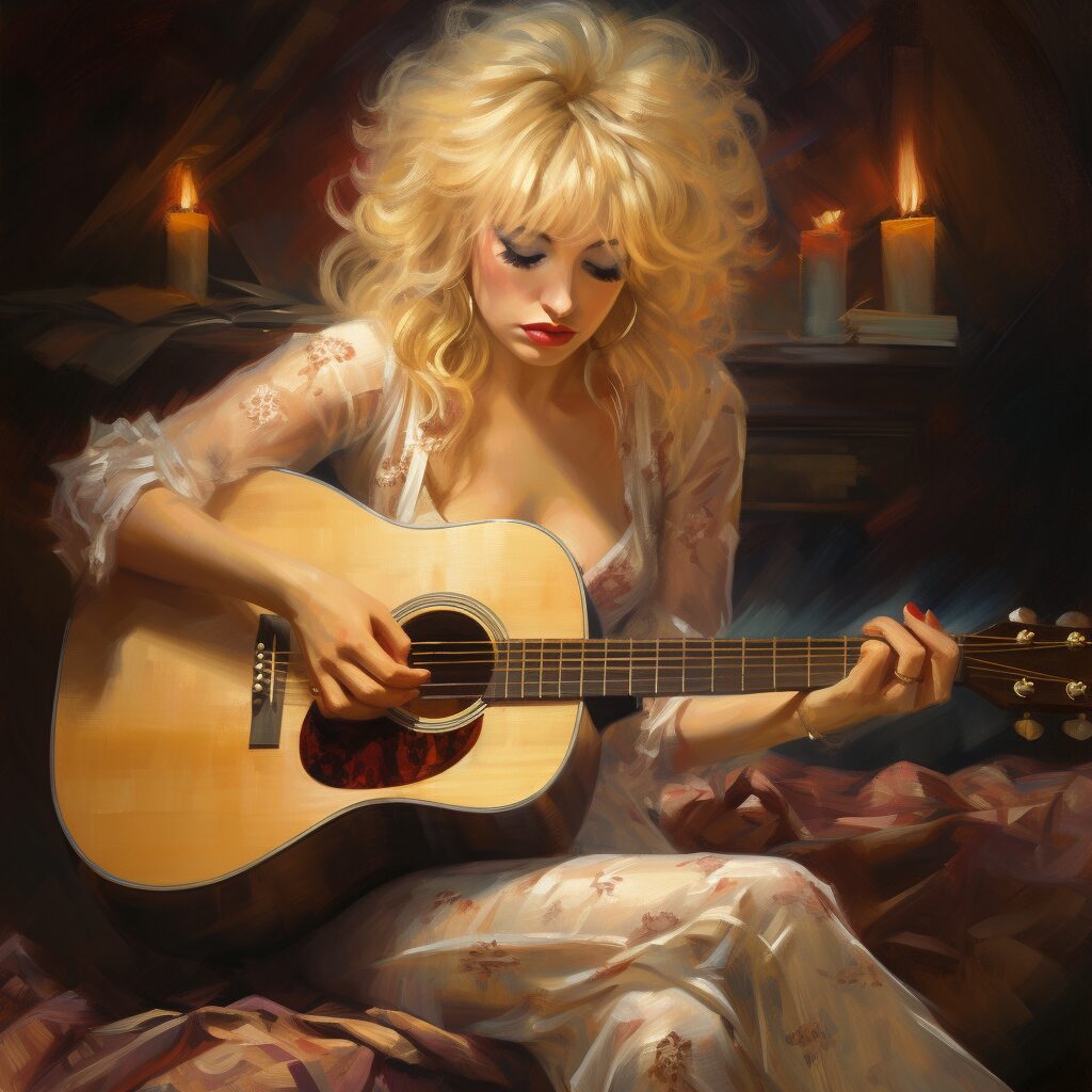 An intimate portrait of Dolly Parton with her guitar, lost in the creative process, symbolizing the depth and personal nature of her songwriting.