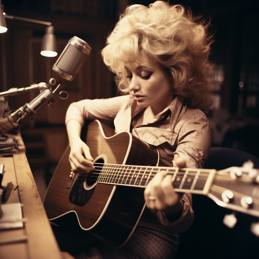 A vintage photo of Dolly Parton in the recording studio, guitar in hand, deep in the creative process, capturing the essence of 