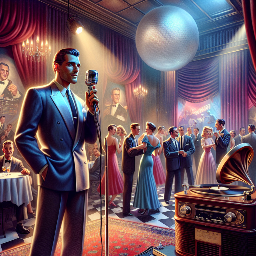 Imagine a retro, mid-century scene with the background of a bustling club. The spotlight falls on a suave gentleman with piercing blue eyes, standing on stage - it