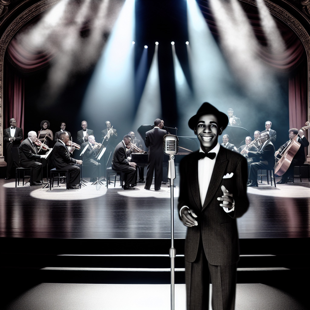 "Imagine a grand black and white stage set in the 1960s, delicately lit with soft spotlights. Frank Sinatra, dressed in his iconic suit and fedora, stands in the center, a vintage microphone in front of him. His eyes sparkle with a twinkle, and an infectious smile lights up his face. As Sinatra starts to sing, his smooth movements and effortless charm permeate the scene, making the audience feel as if they