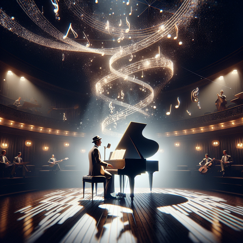 Imagine an image staged like a classic 1950s jazz lounge, bathed in an ethereal, soft glow. A grand piano sits center stage, its ivory keys glinting in the soft light, and sheet music for "Fly Me To The Moon" is laid out, ready to be played. Suspended in the air above, a 3D visualization of the song’s chord progressions sparkles like stardust, flowing from the piano and out into the cosmos. 

Frank Sinatra himself, dressed in his signature suit and fedora, stands behind the microphone, his eyes closed as he croons the opening lines of the song. His figure subtly fades into a starry night sky, hinting at the song