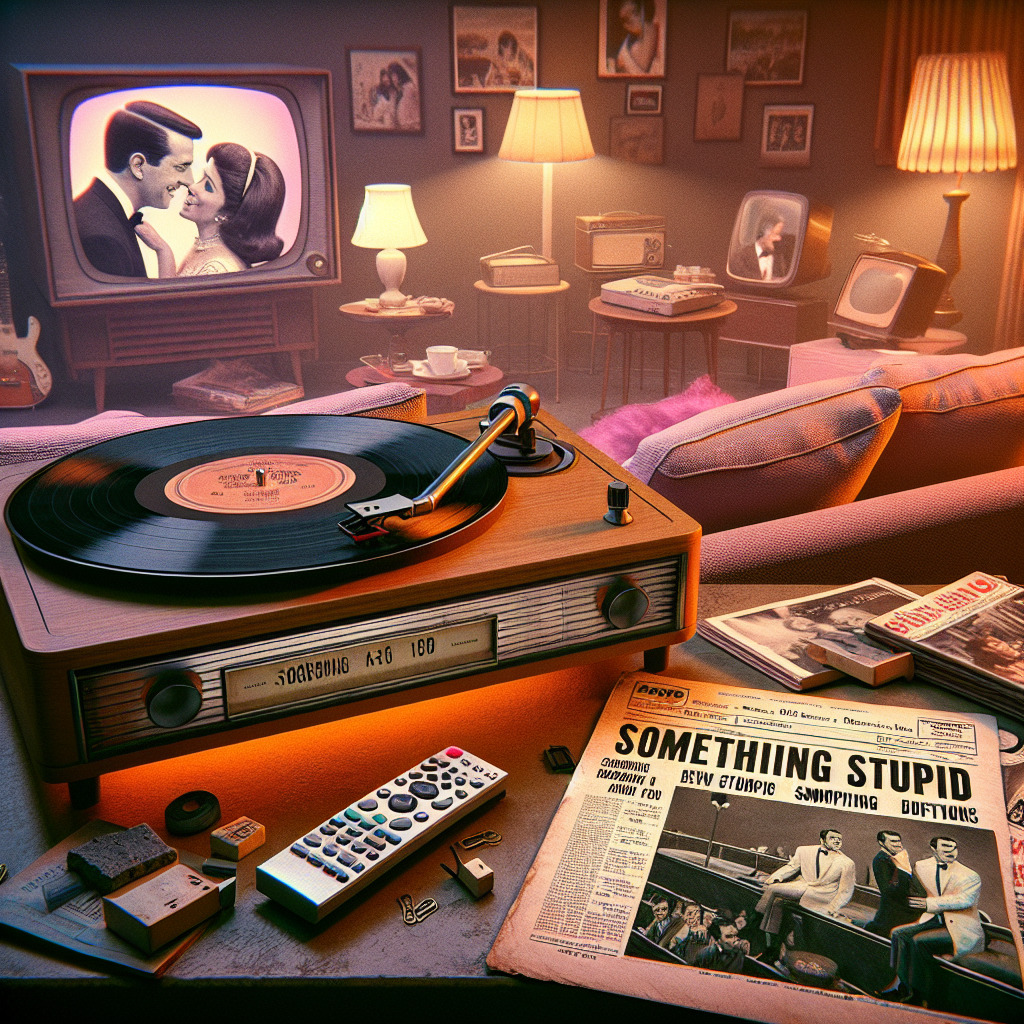Imagine a vintage record player set against a backdrop of a late 1960s living room. On the turntable spins a vinyl record, the label clearly displaying "Frank Sinatra - Something Stupid". The soft, warm glow of a nearby lamp illuminates the scene, highlighting the nostalgic charm of the era. In the background, you see a black and white television broadcasting footage of Frank Sinatra and his daughter Nancy, swaying gently as they perform their enchanting duet. 

On the coffee table lies a newspaper, opened to the music charts where "Something Stupid" is proudly positioned at number 1. Next to it, a modern music magazine is sprawled open, revealing an article about Robbie Williams and Nicole Kidman