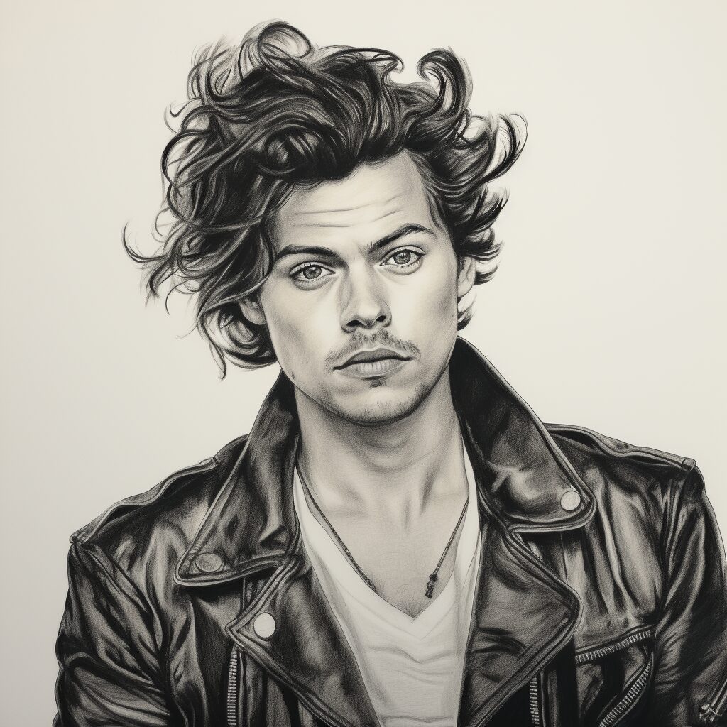 A charcoal stylistic drawing of Harry Styles, capturing his unique style and charisma. The portrait should reflect his evolution from a boy band member to a distinguished solo artist, showcasing elements like his iconic fashion sense and confident posture. The drawing should be detailed, highlighting his recognizable features such as his curly hair, expressive eyes, and signature smile. The background should be simple, allowing the focus to remain on Harry Styles himself.