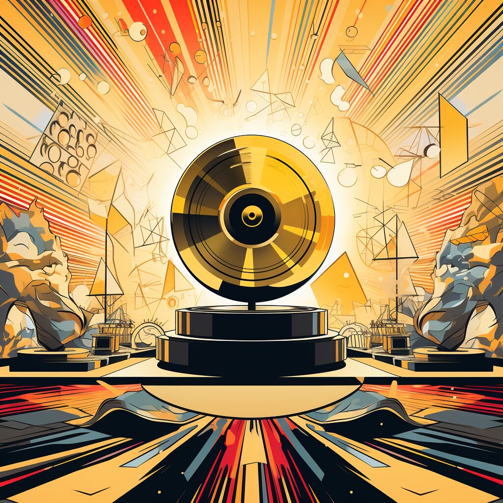 An artistic representation of trophies and accolades surrounding a vinyl record of 