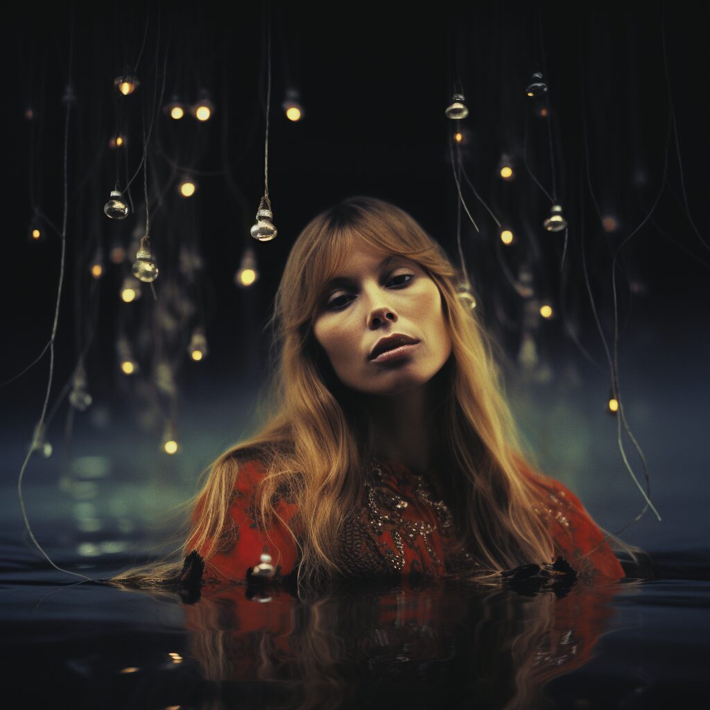 Create an image that captures the essence of Joni Mitchell during the era of "River
