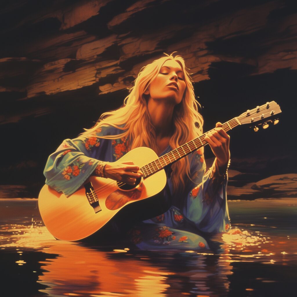 Create an image that encapsulates the wide-reaching impact of "River" by Joni Mitchell. The image should convey the song