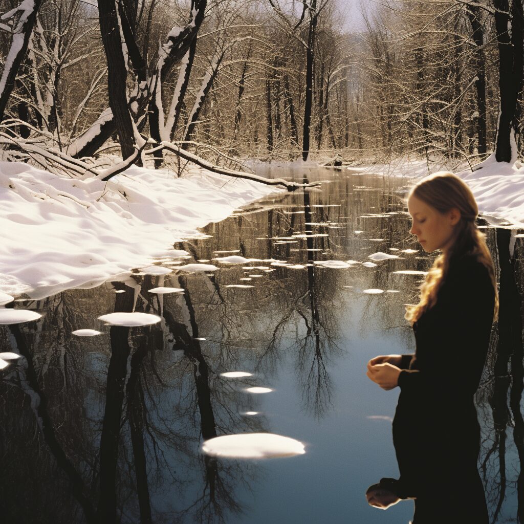 Create an image that captures the essence of "River" by Joni Mitchell, reflecting the song