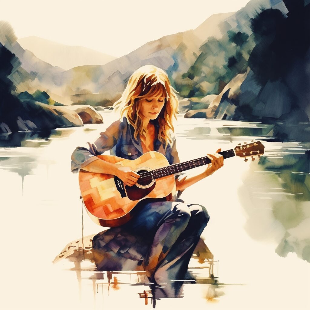 Create an image inspired by the 50th-anniversary music video of "River" by Joni Mitchell, capturing the essence of the song through the medium of watercolor animation. The image should convey the emotional depth and artistic creativity that define both the song and the video, reflecting the melancholic yet beautiful narrative of "River."