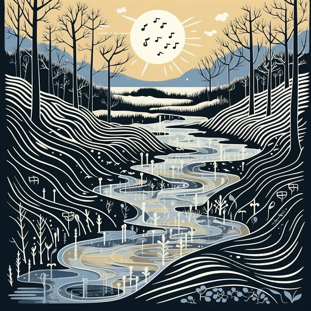 Create an image that visualizes the intricate musical and emotional layers of "River" by Joni Mitchell. The image should reflect the blend of holiday cheer with underlying sadness, using symbols like flowing water or winter landscapes juxtaposed with musical notes or piano keys to represent the song