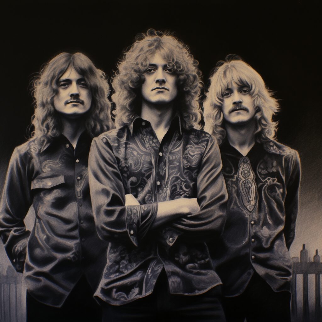 A charcoal stylistic drawing of Led Zeppelin as a band.