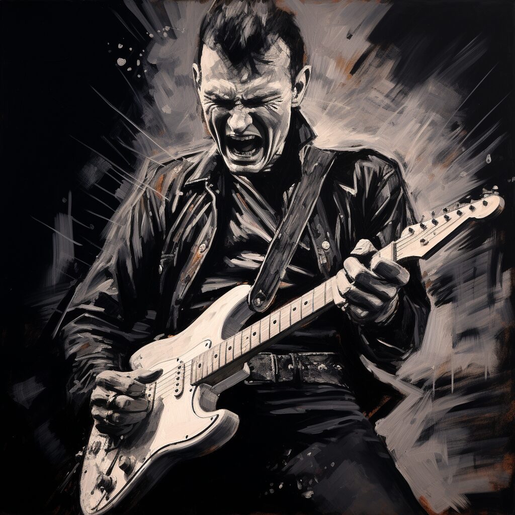 A charcoal stylistic drawing of Dick Dale, capturing his dynamic stage presence and his signature guitar in action.
