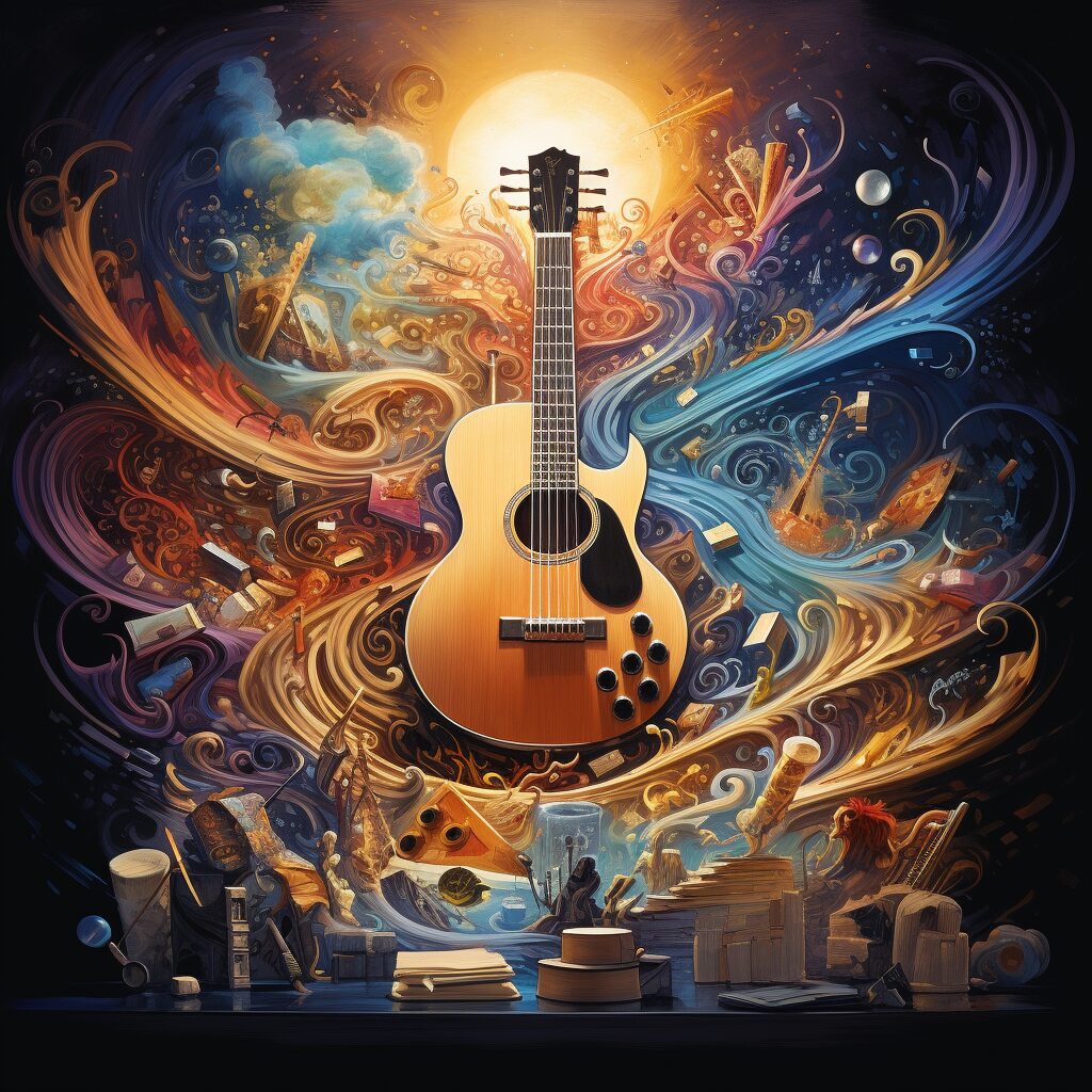 An artistic representation of the various musical elements in "Misirlou," including the guitar riff, rhythm, and melody, coming together to form the song