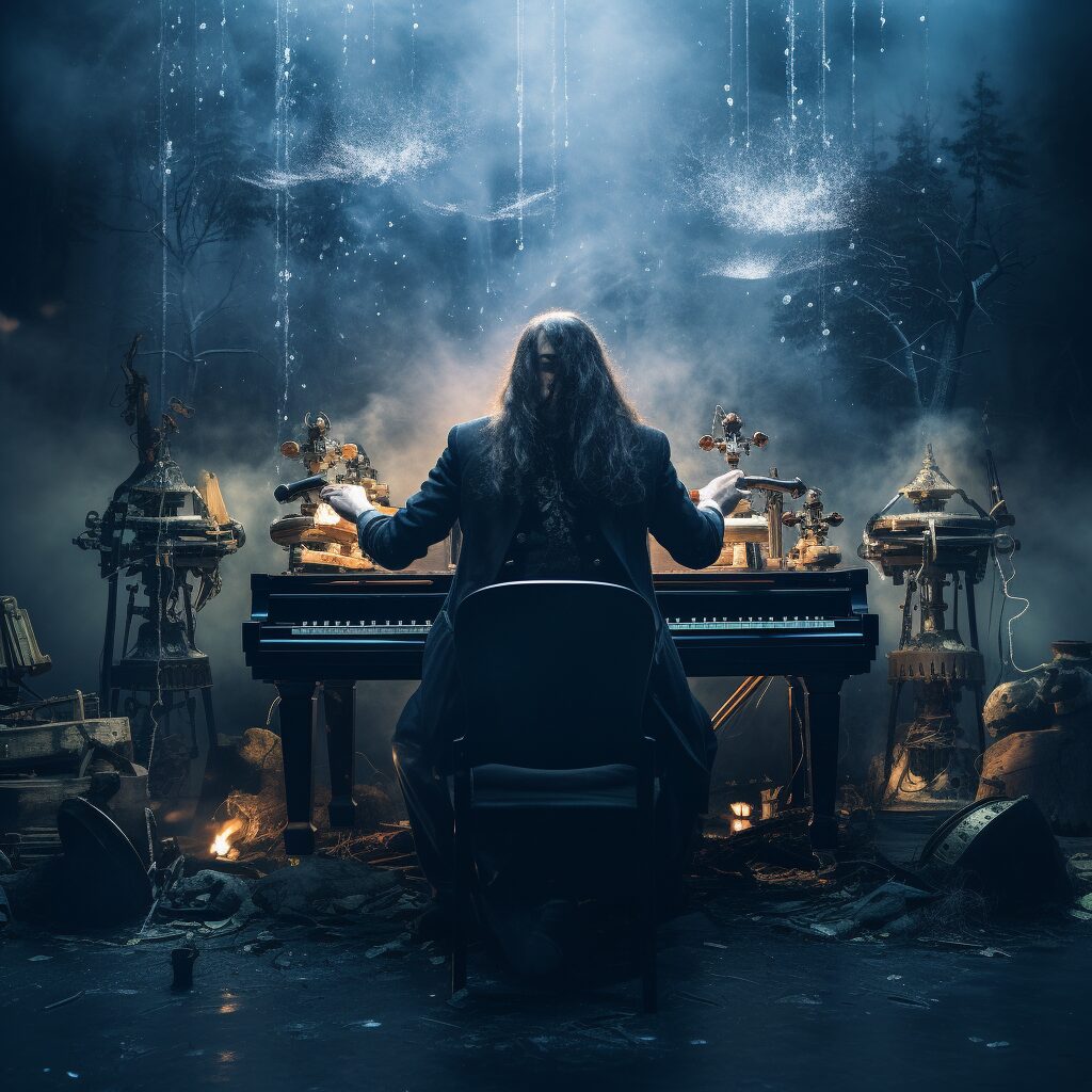 Visualize Tuomas Holopainen in his element, surrounded by the instruments and influences that shape his music, from the lush forests of Finland to the grandeur of a symphonic orchestra. This image captures the essence of Holopainen