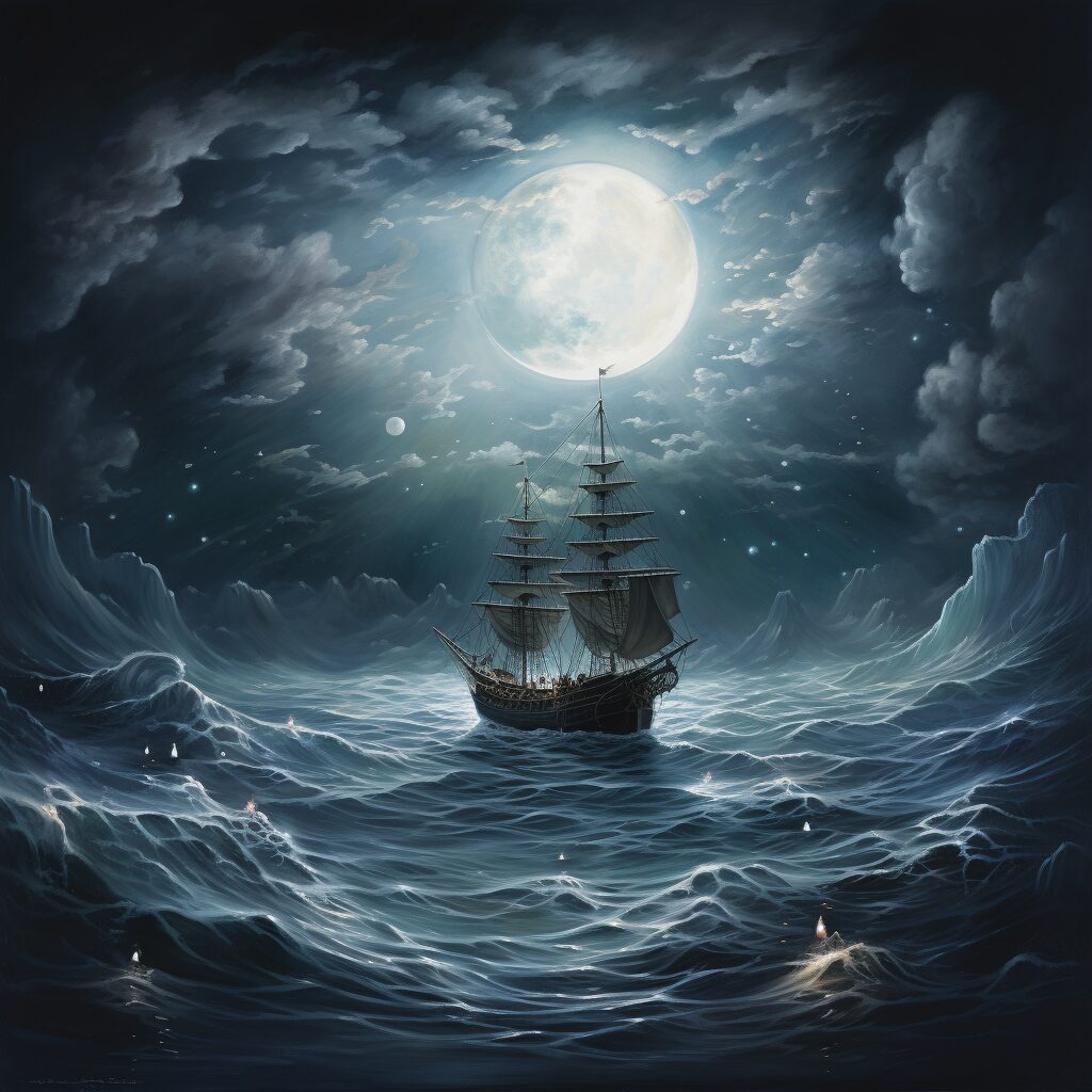 Envision a mystical seascape under a moonlit sky, embodying the lyrical themes of 
