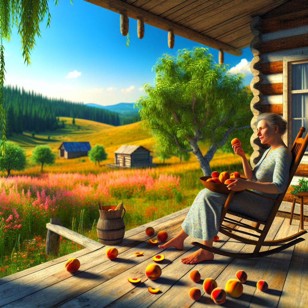 "Create an image of a picturesque countryside scene, bathed in the soft, warm glow of the afternoon sun. In the foreground, a serene-looking individual sits in a wooden rocking chair on the porch of a rustic cabin, surrounded by verdant trees and swathes of meadow flowers. They are deeply engrossed in picking and eating ripe, juicy peaches from a large wooden bowl, their face lit up with simple joy. A trail of peach pits and a few half-eaten peaches lay scattered around them, symbolic of the song