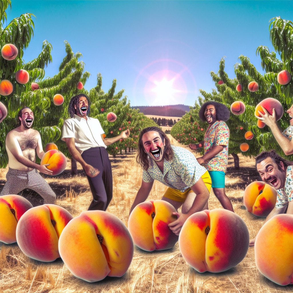 "Imagine a whimsical and playful scene set in a vast peach orchard under the bright summer sun. In the middle of this vibrant landscape, visualize the band 