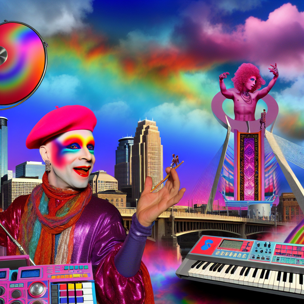 An image vividly capturing the essence of Prince and his iconic song "Raspberry Beret". The scene is set in a bustling cityscape reminiscent of Prince