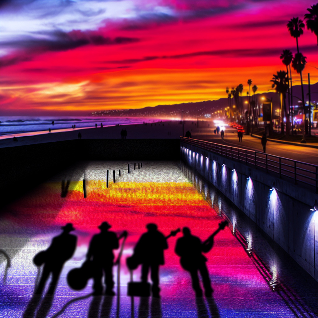 An image of a California sunset, the sky lit in hues of deep red, orange, and purple. In the foreground, a deserted coastal boardwalk that stretches into the horizon, encapsulating the melancholic aura of the song. The silhouette of four musicians is seen in the middle distance, their identities hinted at by the iconic bass and guitar shapes. The sky