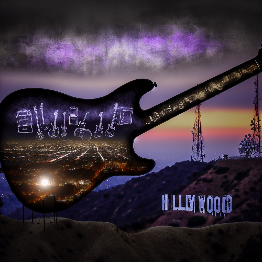 Prompt for Image Generation: 

Imagine a dusky Hollywood Hills scene where the iconic letters of the Hollywood sign loom under a melancholic purple sky, reflecting the introspective atmosphere of the Red Hot Chili Peppers