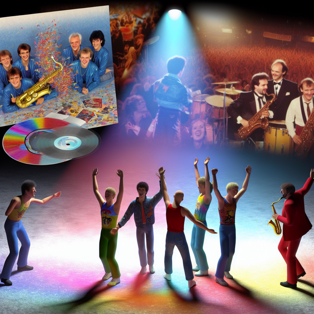 "Render an image capturing the spirit of the 1980s New Romantic era in British pop music. Include the iconic Spandau Ballet, with vibrant imagery of vocalist Tony Hadley, saxophonist Steve Norman, drummer John Keeble, and the Kemp brothers, all bathed in the glow of a triumphant concert. Feature the album 