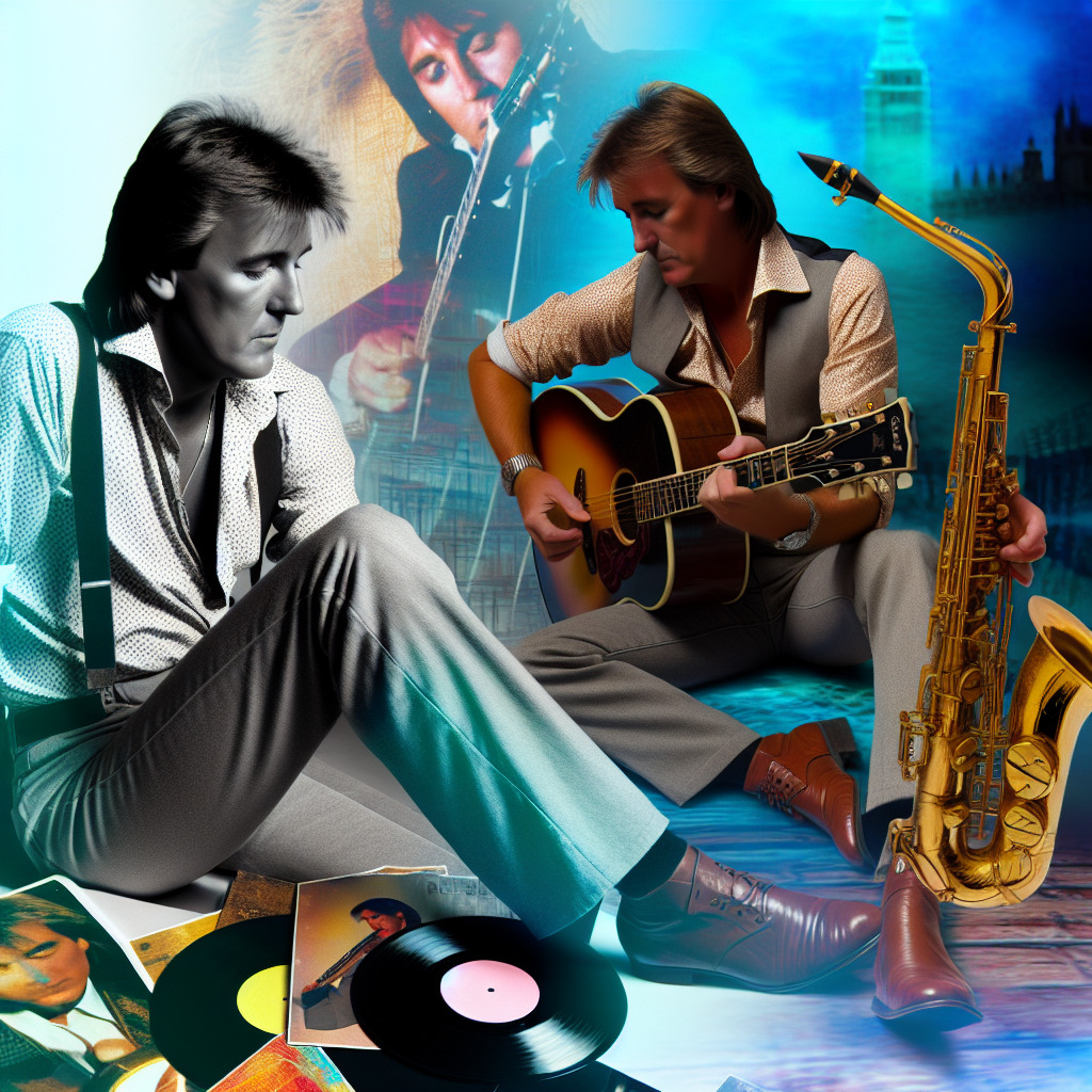"Create an evocative image that captures the essence of the 1980s British pop music scene. In the foreground, depict Gary Kemp, the heart and soul of Spandau Ballet, engrossed in composing a song on his guitar. He is surrounded by elements of his English upbringing and evident influences from Marvin Gaye and Al Green, with hints of soul and New Wave genres. Have a saxophone nearby, symbolizing the unique sound that defined the band