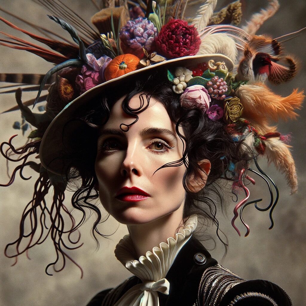 A portrait of St. Vincent capturing her unique style and the essence of her artistry. The image should reflect her enigmatic and captivating persona, blending elements of glam rock and experimental whimsy. The composition should be artistic, highlighting her as a distinctive voice in the indie music scene, with a focus on theatrical flair and intricate melodies.