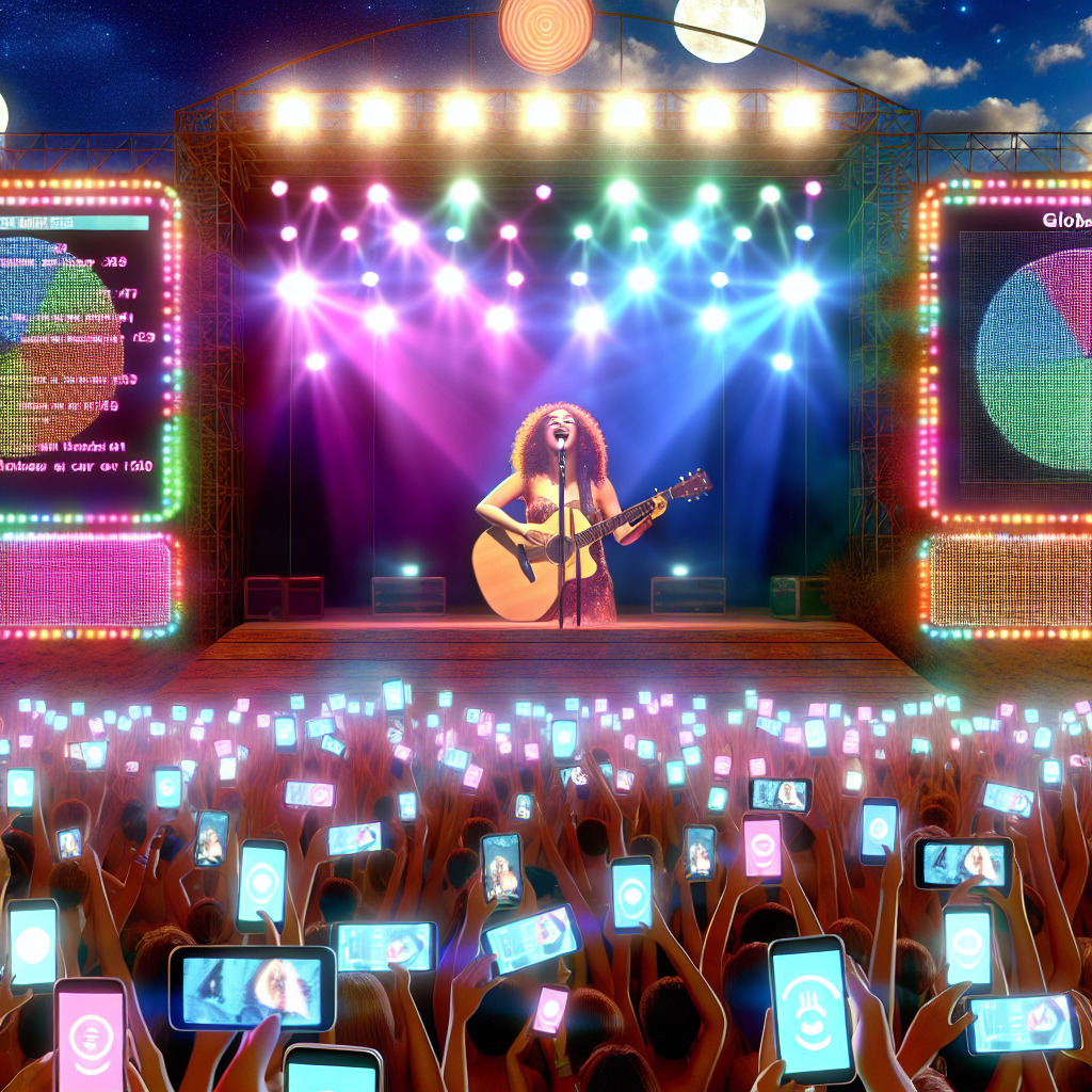 "Imagine a vibrant summer concert scene at dusk. The crowd is in their thousands, a mixture of neon lights illuminating the ecstatic faces around. In the center of the stage, under a spotlight, Taylor Swift, a figure of radiance and power, her guitar in hand, is about to commence a soul-stirring performance of 