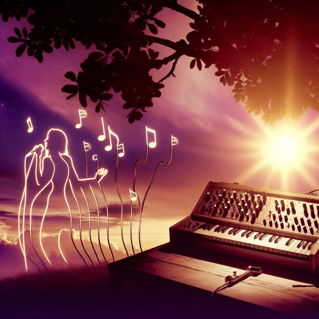 "Visualize a vivid image of a summer scene, set at dusk with the sun casting long shadows. The sky is a mix of orange and purple hues. An old-fashioned synth machine is set on a table under a tree, its wires intertwined with the branches. Nearby, sheet music with the chords Em, C, Bm, G, and D flutter in the gentle breeze. On the horizon, a silhouette of a woman passionately singing gives life to this serene landscape, her voice echoing through a vocoder, creating an ethereal echo that permeates the space. The nostalgic scene is a blend of old and new, perfectly encapsulating the essence of Taylor Swift