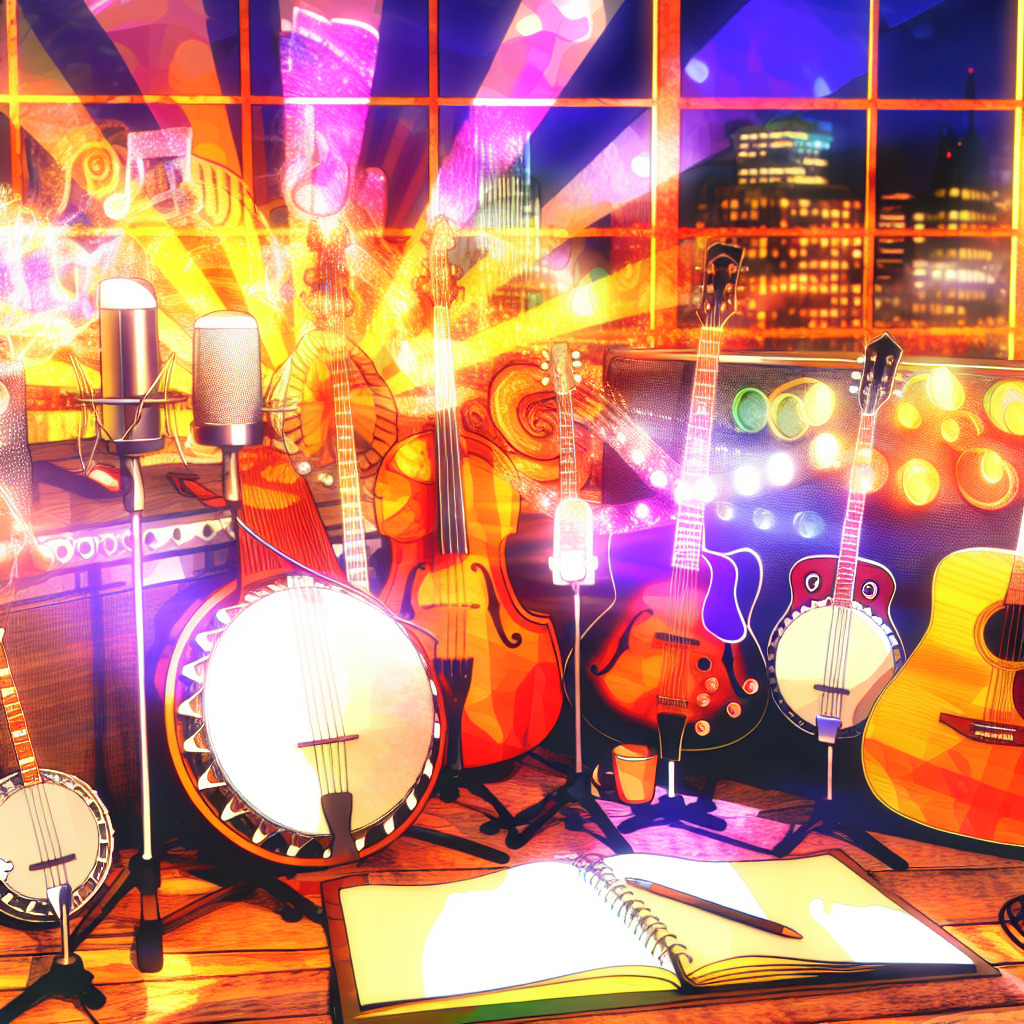 Generate an image of a vibrant, upbeat scene set in a recording studio, infused with a blend of country and pop elements. In the center, a banjo, fiddle and mandolin should be prominently featured, hinting at the country flavor of the song. Strewn about are rock-influenced bass and electric guitars, reflecting the pop rock touch in the song. The studio should exude a bright, lively, and positive vibe, much like the key of F Major the song was written in. On a side table, include notebook with lyrics scribbled across the pages, representing Swift