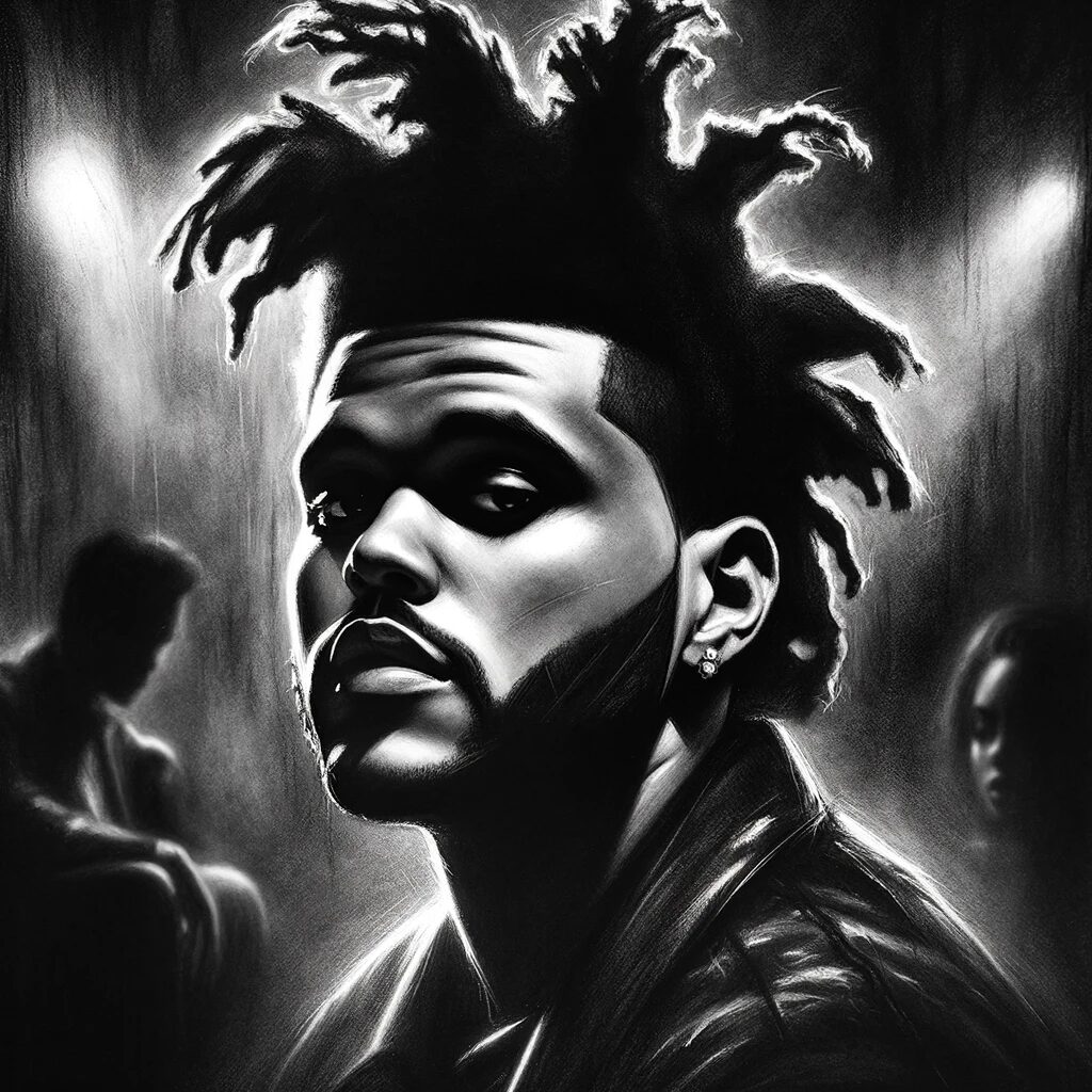 Create a charcoal stylistic drawing of The Weeknd, capturing his iconic hairstyle and intense expression, set against a backdrop that hints at the nocturnal and electric vibe of his music. The drawing should have a moody and atmospheric quality, with soft lighting that emphasizes his features and the dynamic energy of his persona. The image should be suitable for a music blog, conveying the depth and complexity of the artist