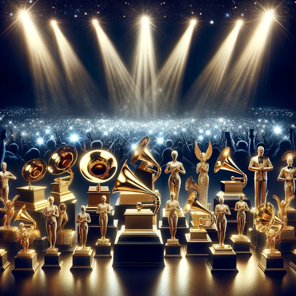 Create an image representing the concept of accolades and awards in the music industry, focusing on a variety of golden trophies like Grammys, VMAs, and Billboards, artistically arranged against a backdrop of spotlights and cheering crowds. The image should capture the glamour and prestige associated with these honors, showcasing the shimmering trophies in a way that conveys their significance and the artist