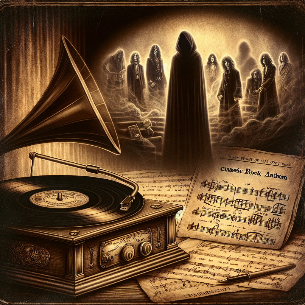 Imagine a vintage scene drawn in sepia tones. The central image is a record player, its needle delicately perched on a spinning vinyl disc, the label clearly reads "Uriah Heep - Lady in Black". Faded ghostly images of the band, Uriah Heep, from the 1970s, linger in the background, their long hair and characteristic outfits transporting us to a bygone era of rock. In the forefront, a mysterious lady, shrouded in black, her presence adding an enigmatic allure to the scene. She embodies the essence of the song, "Lady in Black". Scattered around the record player, we see numerous sheet music pages with different handwriting, symbolizing the countless covers of the song by artists worldwide. Lastly, a faint overlay of a modern-day concert crowd, their hands raised and swaying, bringing in the element of the song