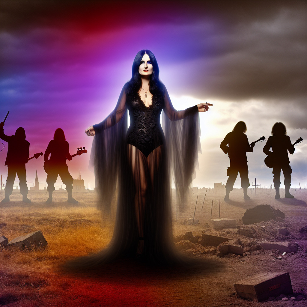 Image generation prompt: 

"Create an image that embodies the essence of the 70s rock music scene, with a focus on the band Uriah Heep and their iconic song "Lady in Black". In the foreground, depict a figure of a mysterious, goddess-like woman dressed in a billowing black dress. She stands in a barren, war-torn landscape, capturing the narrative of the song. In the background, the band members should be illustrated, each holding their respective musical instruments, appearing as shadowy figures in the misty horizon. The atmosphere should feel dramatic and soulful, echoing the heavy metal and hard rock vibe of the era. Include subtle nods to the European rock scene, perhaps through the inclusion of recognisable buildings or landmarks. Despite the stark landscape, the tone should remain hopeful, a nod to the song