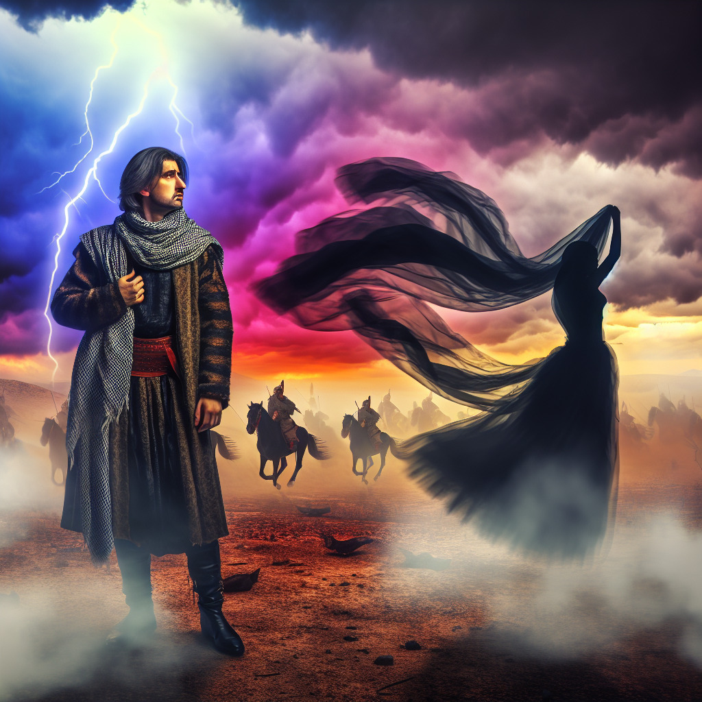 "Generate an evocative image to accompany the song "Lady in Black" by Uriah Heep. Picture a desolate battlefield, shrouded in the lingering haze of conflict. Amidst the turmoil, a weary protagonist emerges, his eyes reflecting deep-seated despair and hope. Across the battlefield, a mystical figure materializes, a lady clothed in black, her ethereal presence standing in stark contrast to the surrounding chaos. Her robes sway in the wind, rippling like waves in an ocean of tranquility. The backdrop is a turbulent sky, mirroring the tumultuous times, interspersed with streaks of light piercing the clouds, symbolizing the protagonist
