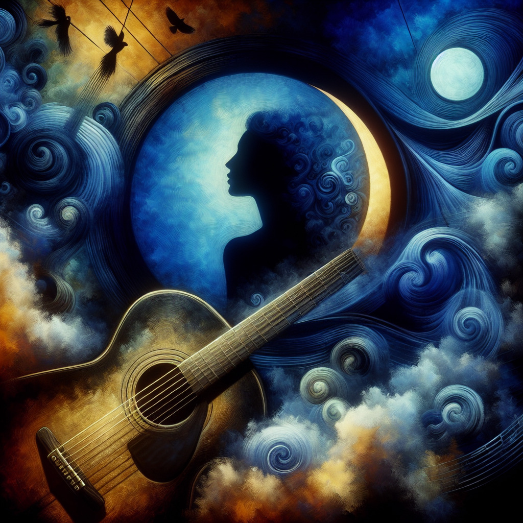 Prompt for Image Generation:

Visualize a beautiful, haunting scene that represents the iconic song "Lady In Black" by Uriah Heep. In the center, imagine an old, worn-out guitar - its strings vibrating with the simplistic rhythm of the two chords, Am and G. The background should be a mesmerizing sonic tapestry, weaving through hues of blues and blacks, akin to a haunting melody. The pace of the image should reflect the song