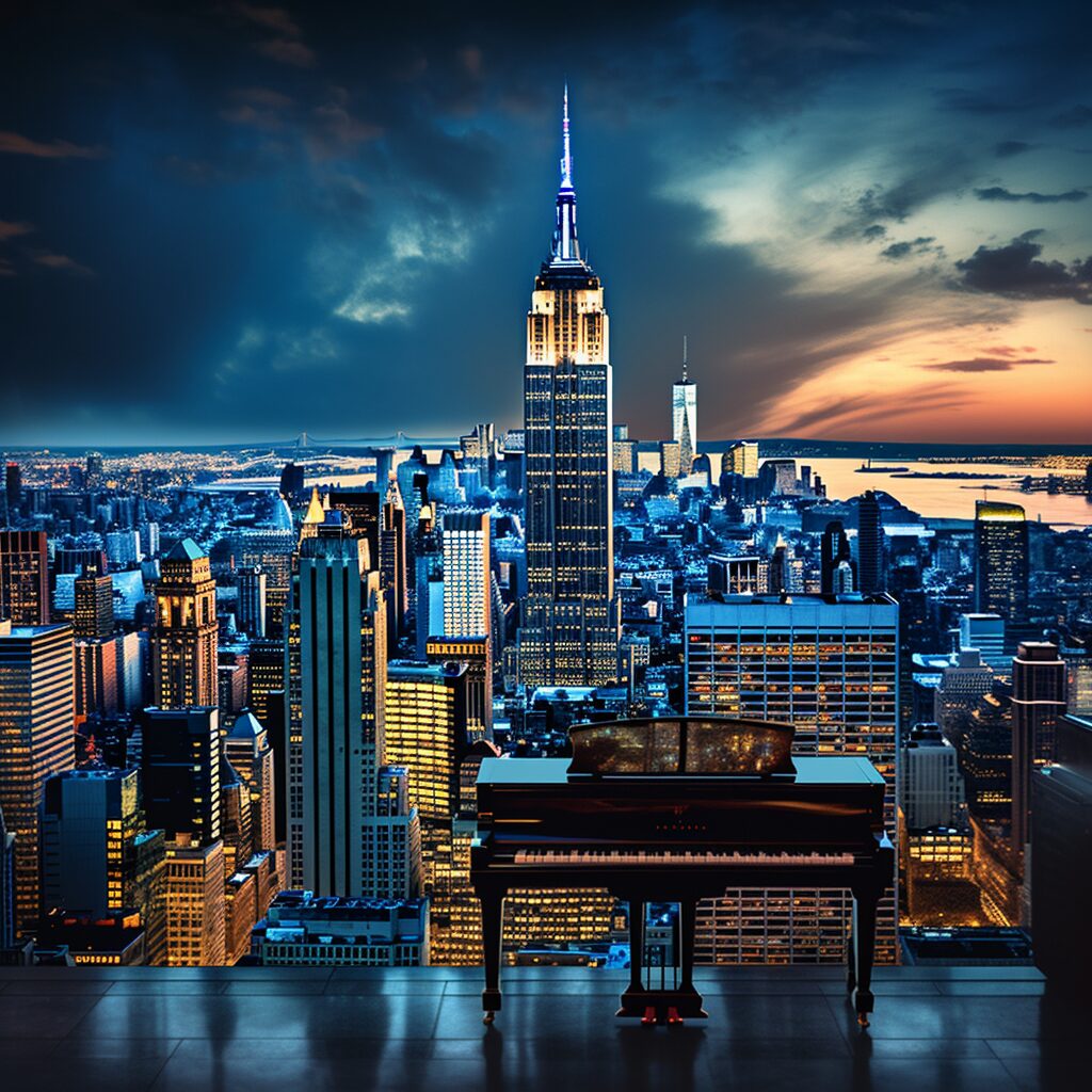 Prompt for Image Generation: 

Picture a vibrant night scene in New York City, a stunning view of the Empire State Building standing tall, its lights illuminating the surrounding cityscape. In the foreground, envision a grand piano under the soft glow of a streetlamp, its keys glistening. Atop the piano, imagine a sheet of music with the title “Empire State of Mind,” the notes dancing on the paper. The city pulses with life, its energy tangible, reflecting the seamless blend of R&B, pop, and hip-hop. Imagine Alicia Keys, radiant in the glow of the city, her hands gracefully poised over the piano. The air is filled with anticipation, signifying the continued influence of Angela Hunte and the future compositions she will bring to the world of music.  