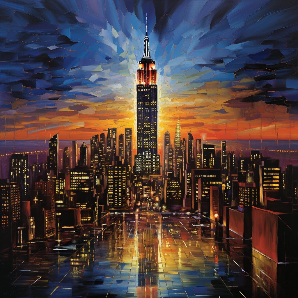 Generate an image capturing the vibrant energy and enduring legacy of the iconic song "Empire State of Mind" by Alicia Keys and Jay-Z. The scene should be set in an urban landscape, possibly New York City at night, representing the heart of the song. Skyscrapers towering into the night sky, their lights shimmering like stars, embodying the city