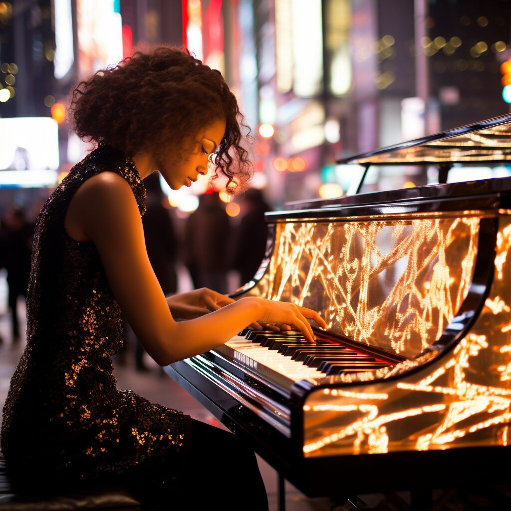 "Imagine the dynamic scenery of New York City, captured in the heart of the hustle and bustle. Visualize iconic landmarks like Times Square, Brooklyn, and Harlem, their images reflected in the mirrored surface of a grand Yamaha piano. Atop a rooftop, a moving figure - Alicia Keys, bathed in the glow of city lights, passionately playing the piano. Nearby, Jay-Z, stands powerfully against a backdrop of a colossal American flag, his verses echoing through the skyline. The scene is intercut with dramatic black-and-white vignettes of the cityscape and street life, the energy of the city pulsating in each frame. Above, the view transforms into breathtaking aerial shots of the city